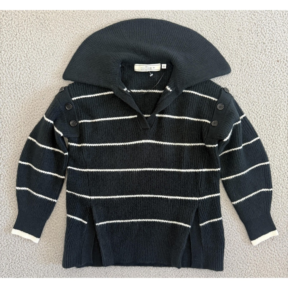 Rokh Sweater Womens XS‎ Black White Stripe Funnel Collar Shoulder Buttons